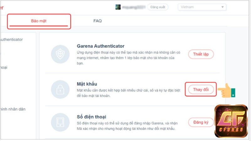 Chọn bảo mật và thay đổi để tiến hành đổi mật khẩu liên quân